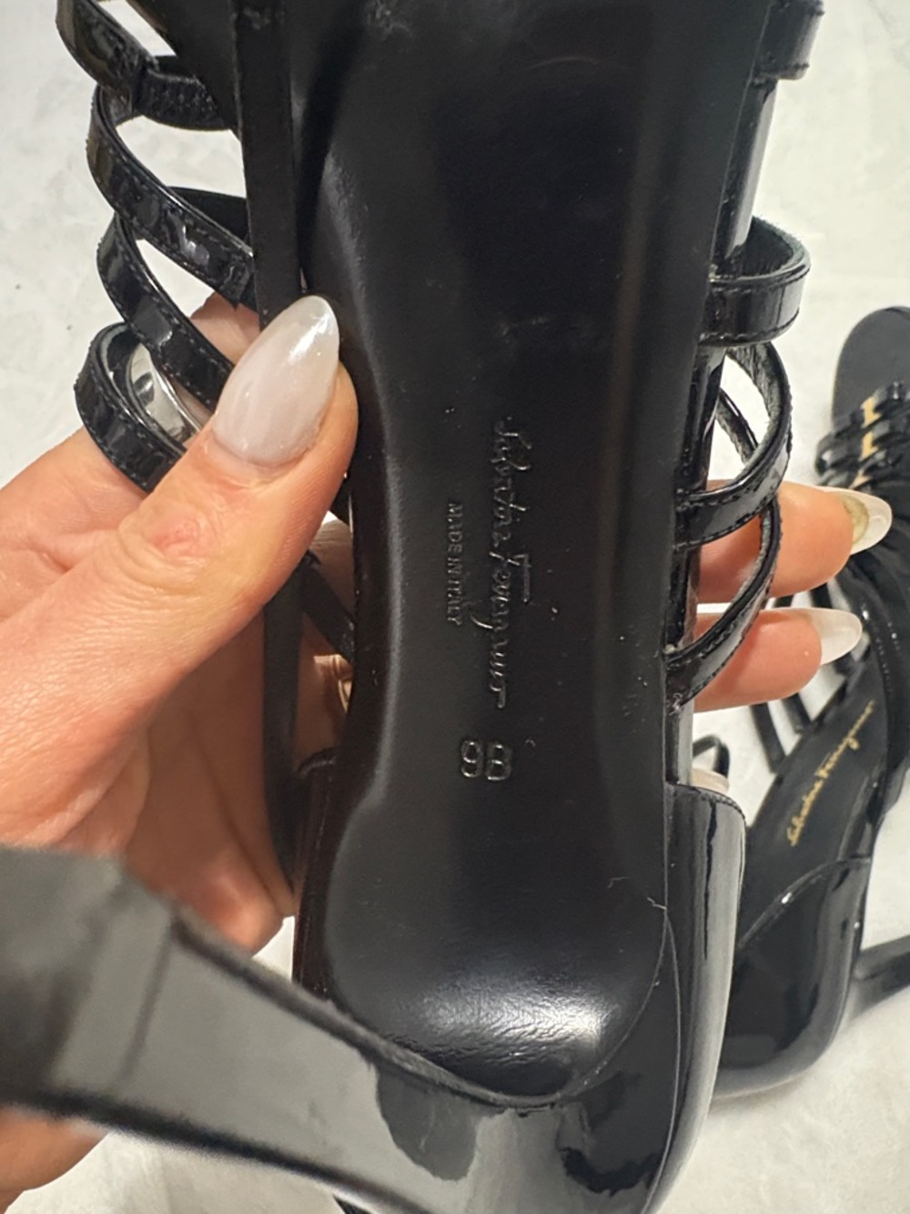 Salvatore Ferragamo Black Multi-Strap Leather Heels with Gold Accents - Picture 5 of 6